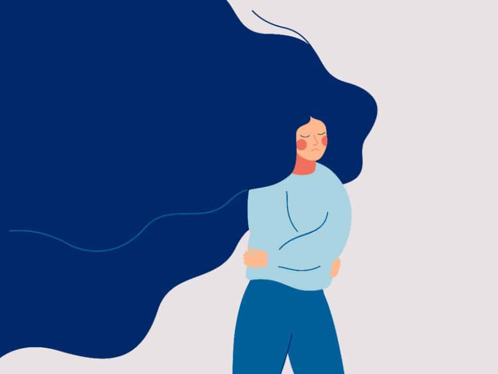 Illustrated woman crossing her arms over her body in shame.
