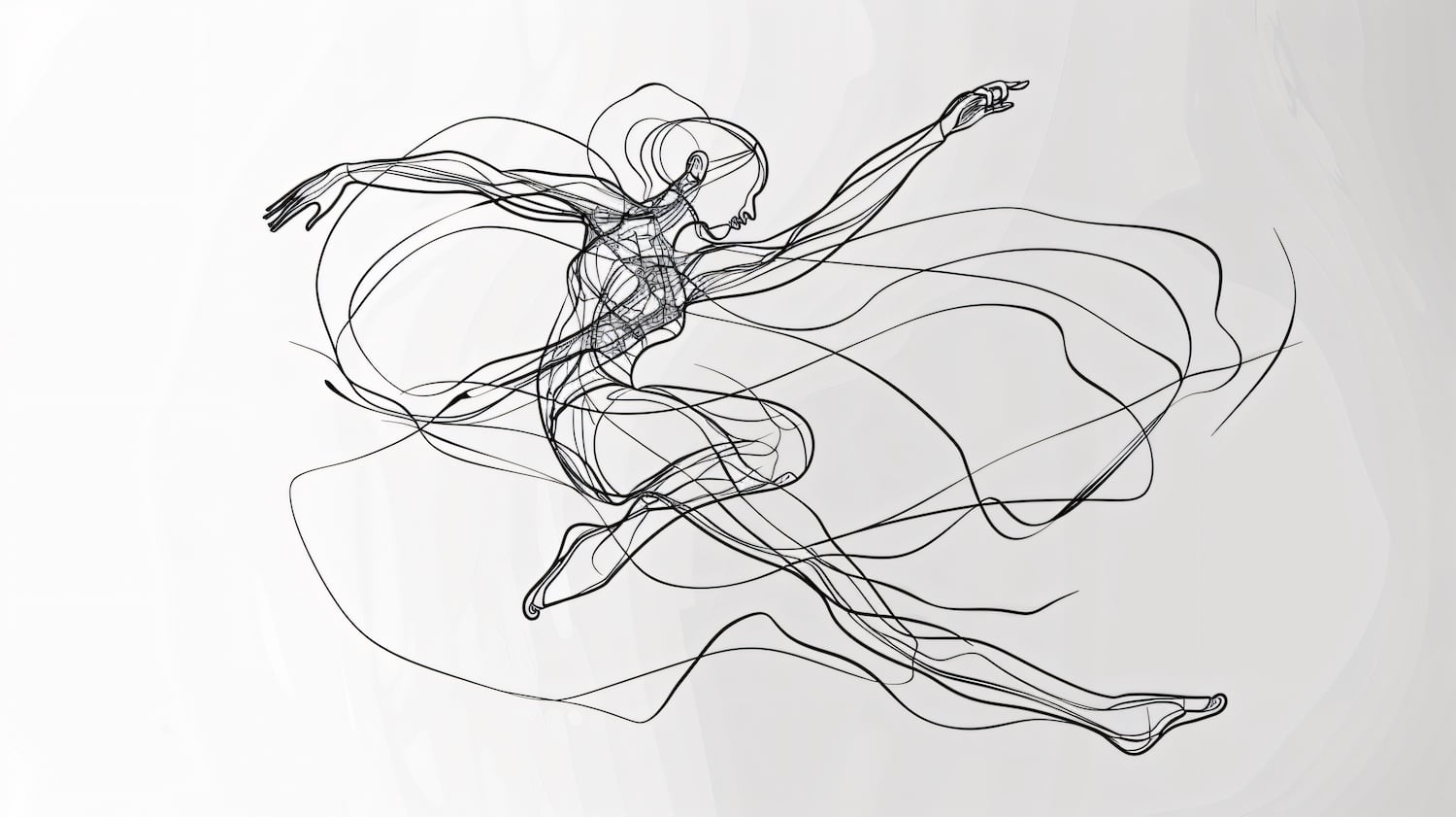 A minimalist black and white line drawing of a dancer in motion