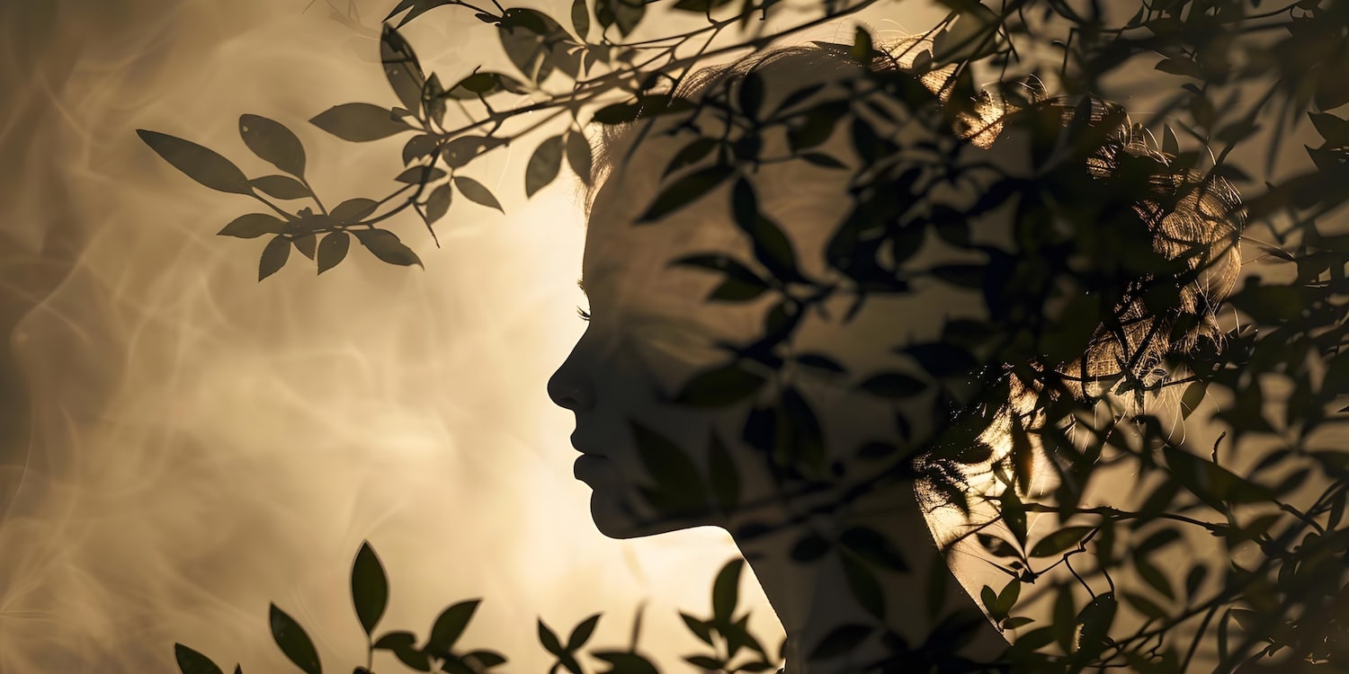Silhouette profile of woman behind tree