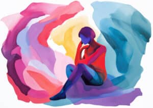 colorful abstract painting of woman thinking deeply