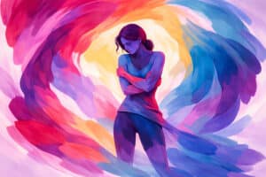 Selah House watercolor of sad woman self-soothing